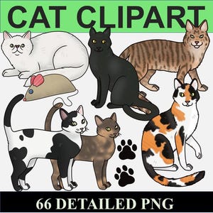 Könnte beinhalten: Ein Set mit 66 digitalen Clipart-Bildern, die verschiedene Katzen in verschiedenen Posen und Farben zeigen. Die Katzen sind im Cartoon-Stil mit schwarzen Umrissen illustriert. Die Bilder beinhalten eine weiße Katze, eine schwarze Katze, eine getigerte Katze, eine dreifarbige Katze und eine schwarz-weiße Katze. Das Set enthält auch ein kleines Mauspüppchen.