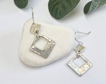 Silver Square Earrings, Double Drop Textured Earrings