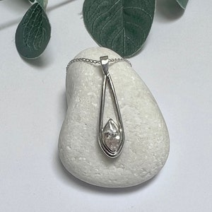 Silver Cubic Zirconia Necklace, Teardrop Pendant, CZ Gemstone, Gift For Her