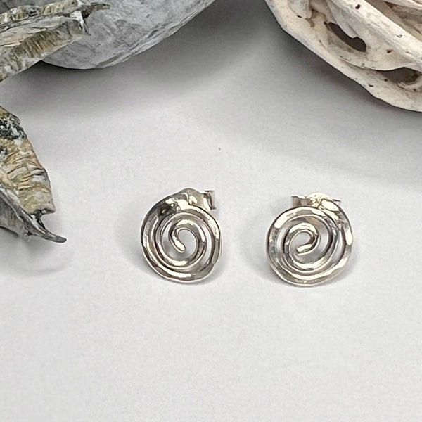 Silver Spiral Earrings, Hammered Swirl Studs, Handmade Artisan Jewellery Gift