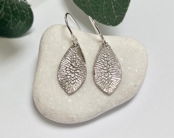 Unique Silver Drop Earrings, Textured Leaf Shape, Handmade Recycled Silver