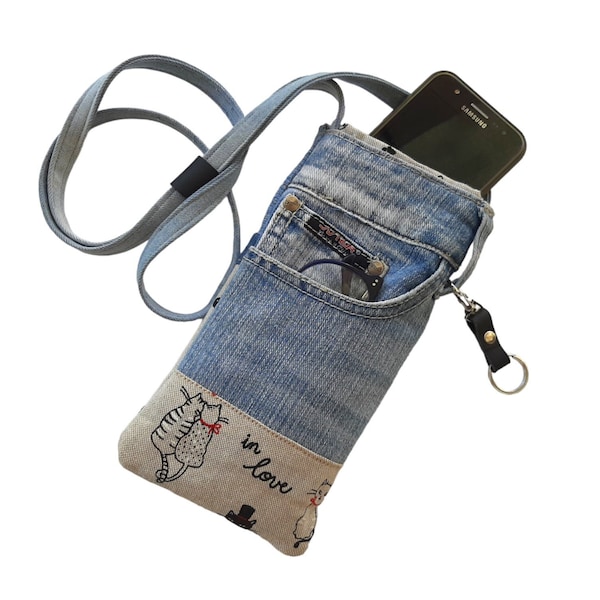 Pochette téléphone jean et tissu à bandoulière règlable, Sac dénim croisé smartphone imprimé chats, Housse portable croisée avec poches