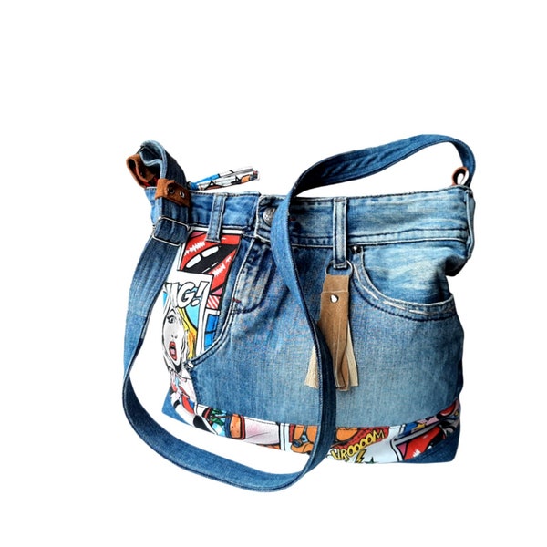 Sac bandoulière en toile imprimé bande dessinée, Sac upcyclé en dénim avec zip, Sac d'épaule tissu pop art, Sac jean à bandoulière règlable