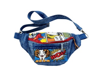 Sac banane upcyclé jeans et tissu pop art, Banane dénim et imprimé comic, Sac banane dénim pour femme, Sac banane jeans et toile imprimée