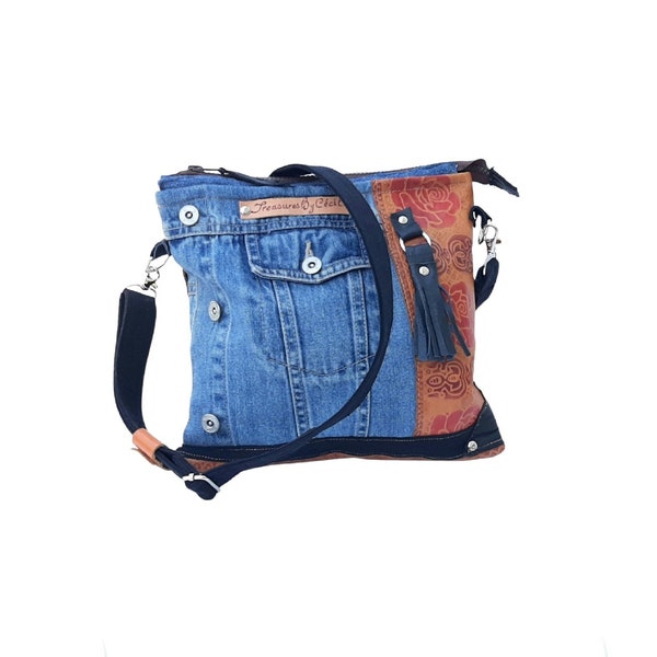Kleine Jeans Crossbody Tasche mit punziertem Leder, Nachhaltige Jeans Umhängetasche mit Reißverschluss, Boho Jeans und Leder Geldbörse für den Alltag