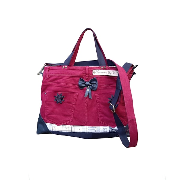 Bolso cruzado vaquero con correa extraíble Bolso de hombro grande azul y rojo para viaje Bolso bandolera con zip multibolsillos y doble cara