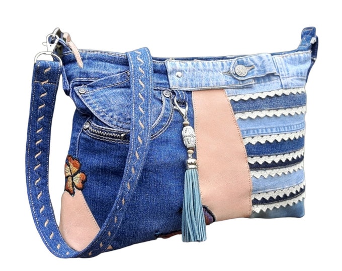 Upcycled Denim Crossbody Bag With Leather and Lace Blue Denim Shoulder