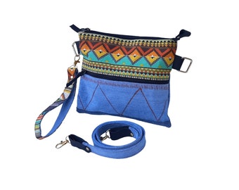 Upcycled jeans wrislet purse with ethnic fabric, Small denim crossbody bag with zipper, Colorful jeans shoulder bag Boho ethnic wristlet bag