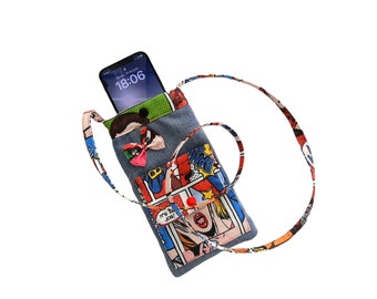 Upcycled jean cell phone purse with comic print canvas, Comic pop art canvas iphone pouch with pockets,  Small crossbody smartphone pouch