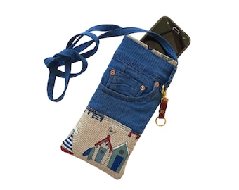 Blue cellphone purse with pockets and strap, Upcycled jean smartphone crossbody bag, Canvas phone pouch, Cellphone purse with recycled jeans