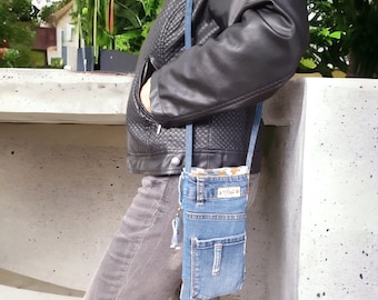 Upcycled Denim Camo Crossbody Phone Pouch, Small Canvas Bag