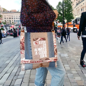 Burlap coffee sack tote bag with flap, Large jute shoulder bag, Upcycled canvas and jean satchel bag, Crossbody bag made with coffee burlap