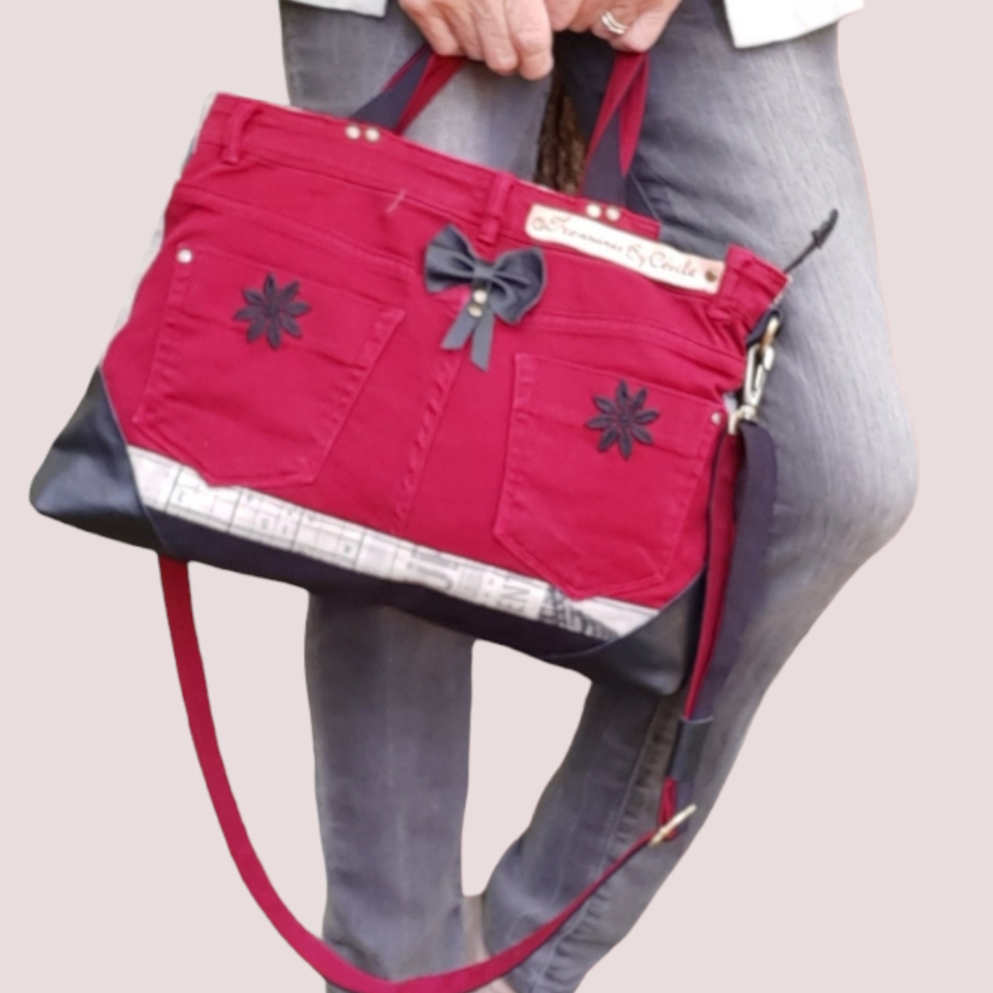 Denim Crossbody Bag With Removable Strap, Upcycled Blue and Red