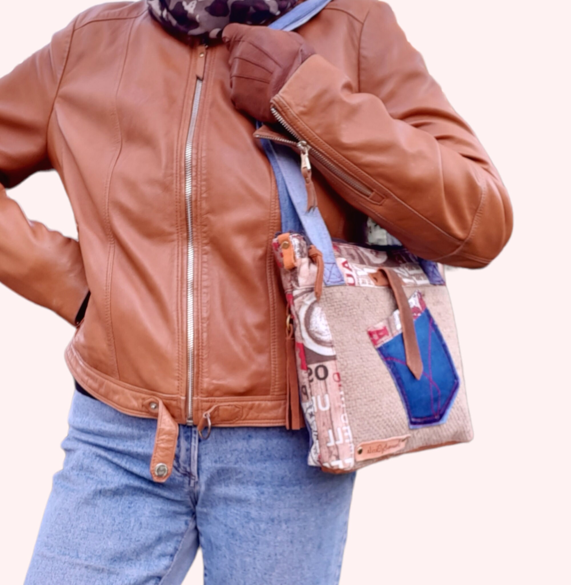 Denim Messenger Bag With Zipper Canvas and Jute Shoulder Bag Etsy