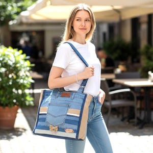 Tote bag de patchwork vaquero con zip, Bolso vaquero reciclado con cuero, Bolso grande casual con bolsillos, Tote bag de diario para regalo