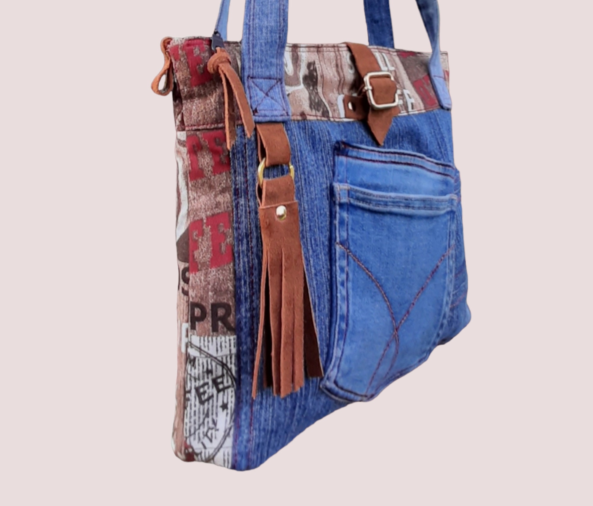 Denim Messenger Bag With Zipper Canvas and Jute Shoulder Bag Etsy