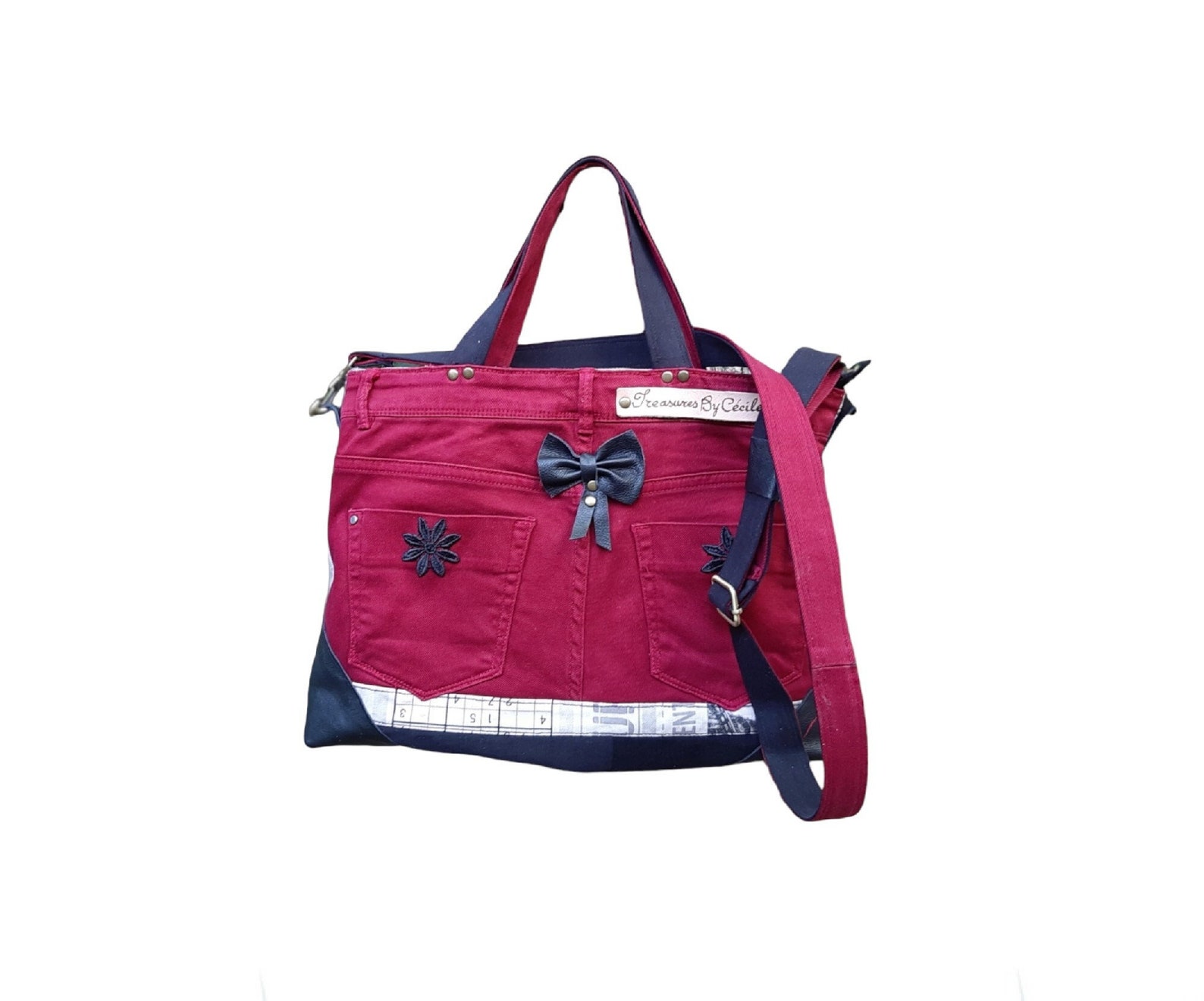 Denim Crossbody Bag With Removable Strap, Upcycled Blue and Red