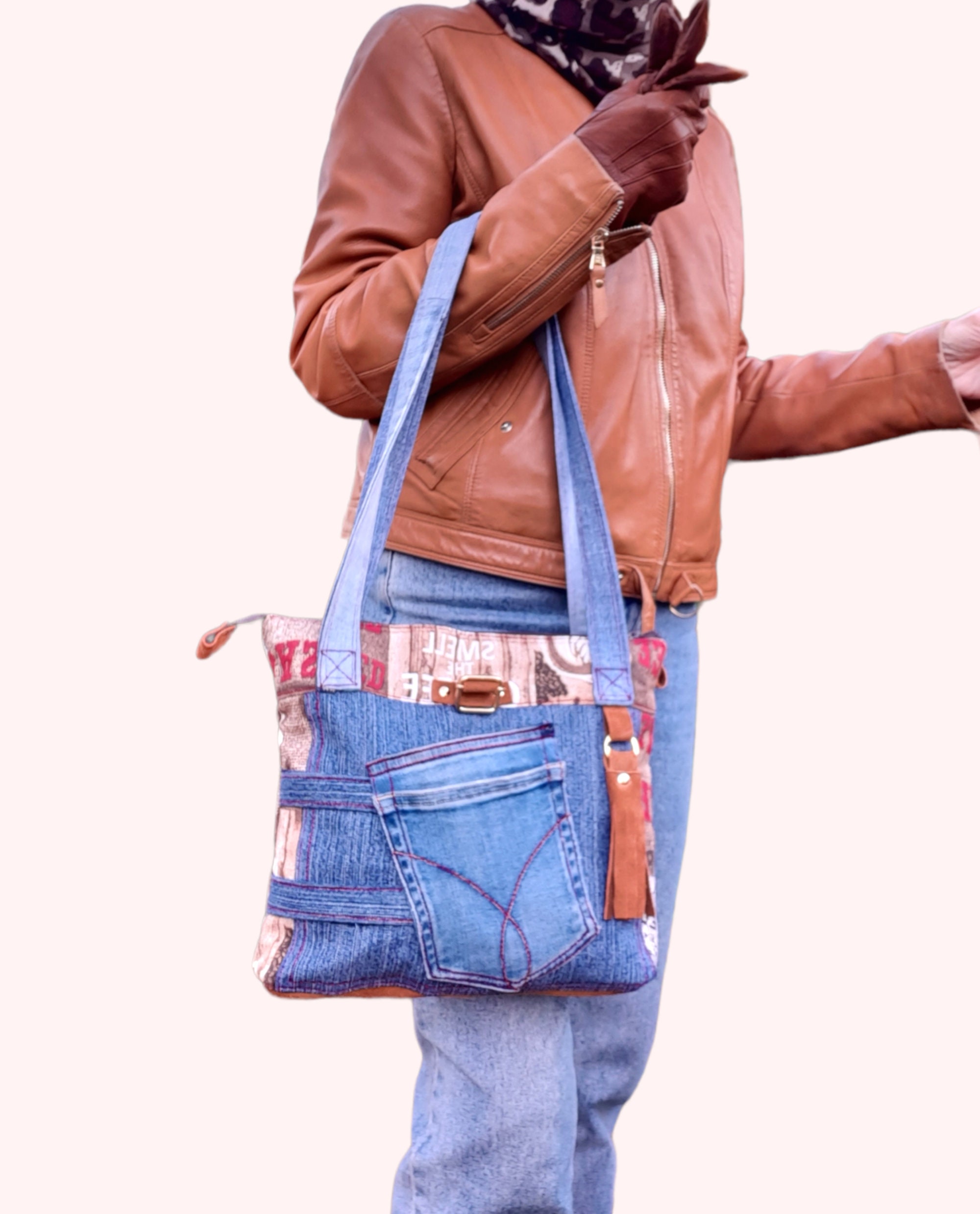 Denim Messenger Bag With Zipper Canvas and Jute Shoulder Bag Etsy