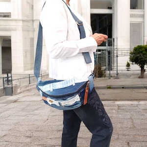 Denim Fanny Pack with Lace and Zippered Pockets | Upcycled Sustainable Style | Adjustable Strap | Eco-Friendly Fashion | Festival Accessory