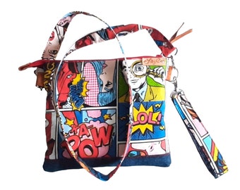 Bolsito vaquero cruzado reciclado, Bolso de hombro con tela de cómic y zip, Bolso pop art de bandolera, Bolso de hombro con lona multicolor