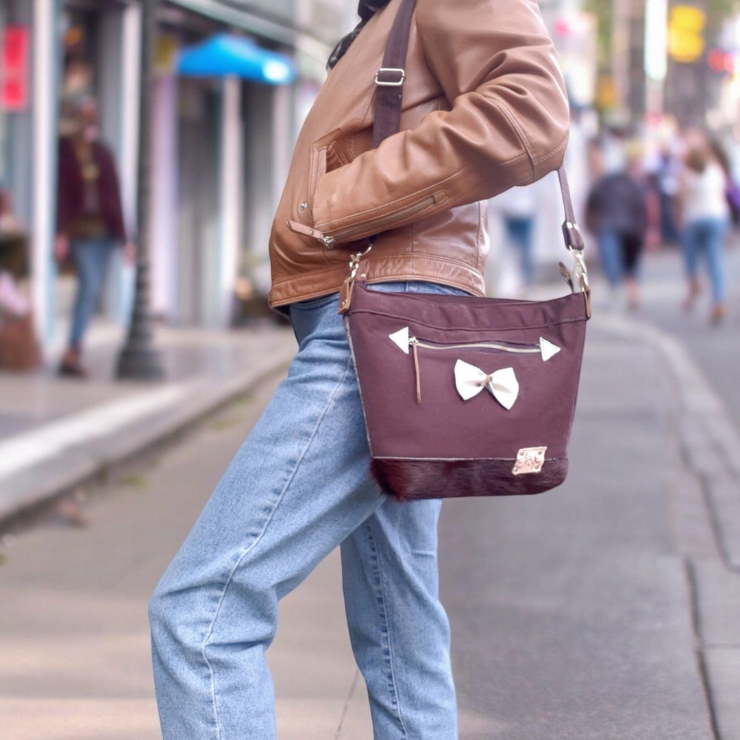 Mocha Mousse Canvas Upcycled Crossbody Bag With Zipper, Medium