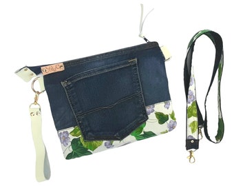 Bolsito vaquero reciclado de bandolera con tela floral, Bolso jean con asa de muñeca y cremallera, Bolso de hombro con tela de hojas y cuero