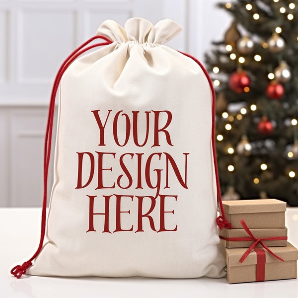Christmas Canvas Bag Santa Bag Mockup Santa Sack Mockup, Santa Drawstring Bag, Santa Bag Mockup, Santa Canvas Bag, Christmas Presents Bag