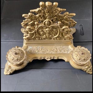Heavy vintage Brass french double Inkwell/water desk letter holder organizer 11x8x8