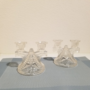Set of 2 Crystal Glass Candle Holder 4.3&quot; tall, Vintage Clear Glass Cut Candle Holder Pair, Federal Glass company Double Candle Sticks