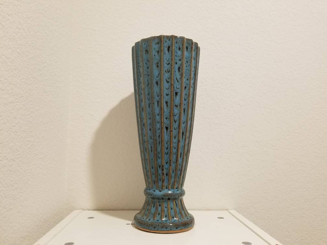 Vintage 15 Tall Blue Ceramic Vase, Handmade Speckle Blu Vase, Sky Blue
