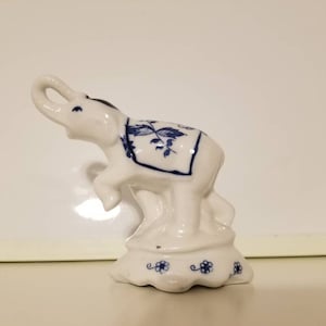 Porcelain White Blue  Elephant Figurine 4.5", Small Vintage Porcelain Elephant Statute Wildlife, Elephant Paperweight Home Garden Decor