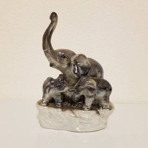 Bookend Porcelain Gray three Elephants Figurine 7", Vintage Elephant Statute Bookends, Pottery Glazed Elephant Paperweight Decor