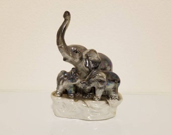 Porcelanowa podpórka do książek, szara figurka trzech słoni, 7 cali, zabytkowa figurka słonia, podpórka do książek, ceramiczny, szkliwiony przycisk do papieru w kształcie słonia