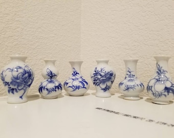 Set of 6 Porcelain Blue and White Miniature Vases, 2.2" tall Minivase