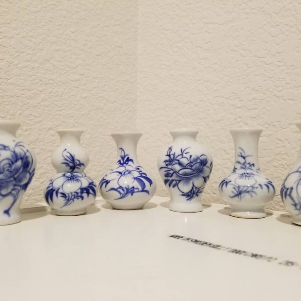 Set of 6 Porcelain Blue and White Miniature Vases, 2.2" tall Minivase