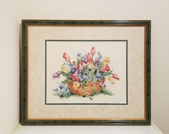 Decoración de pared con flores de punto de cruz vintage, cesta de flores bordada, tapiz de flores de punto de aguja, bordado floral vintage con marco.