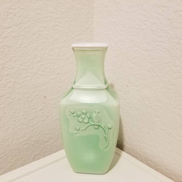 Vintage 1982 Avon Mint Green Vase, Avon Spring Dynasty Celadon Green Glass Fragrance Vase Collection, Cherry Blossom and Bird Mint Vase