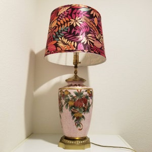 Mid Century Modern Hand Painted Ceramic Pink Asian Lamp Garden Theme, Large Chinese Table Lamp, 20&quot; Oriental Electricity Florine Desk Lamp