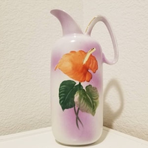 Vintage Ucago ceramic vase, Pink Flower vase 8 inch, Flamingo Flower Vase vessel with handle jug Pitcher, Handpainted Orange Calla Lily Vase