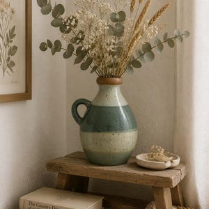 May include: A ceramic jug vase with a speckled finish in shades of cream and sage green, featuring a single handle and a narrow neck. The vase is filled with a dried floral arrangement consisting of eucalyptus leaves, baby's breath, and wheat stalks.