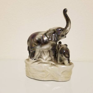 Porcelain Gray three Elephants Figurine 7", Vintage Elephant Statute Bookends, Pottery Glazed Elephant Paperweight Decor