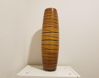 Amber Glass Vase with Black Wave Detail – Mid-Century Modern Style, Christmas Gift, New Year Gift