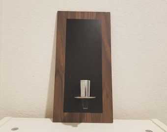 Wooden Wall Candle Holder with Modern Metal Sconce & Dark Inset, Minimalist Wall Candle Holder, Midcentury Wall Candle Holder
