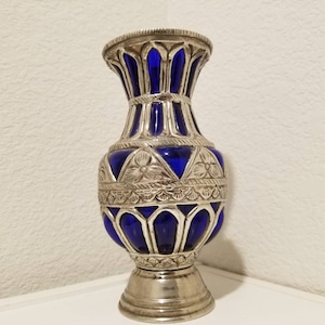 Vintage Art Blue Glass Vase and metalwork design, Indigo Glass vase, Amethyst Blue Glass Vase, 7.5 inches tall Glass Vase, Gift for Her