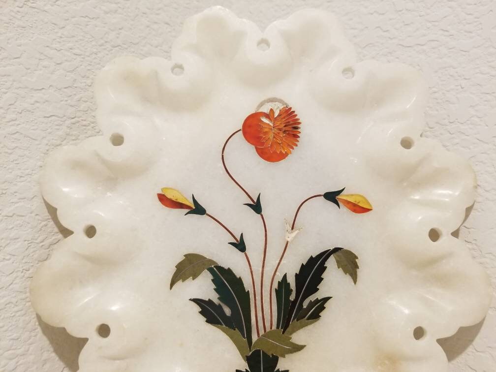 Vintage Alabaster Stone Inlaid Plate, Inlaid Marble Plate, Flower Inlay ...