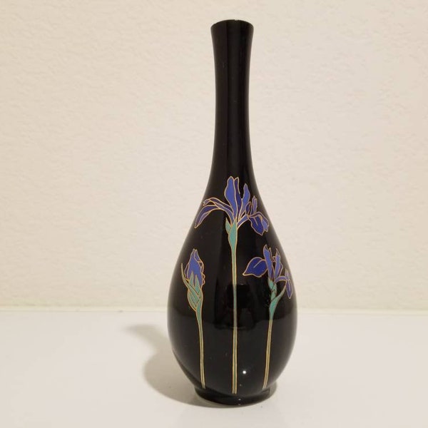 Vintage Black Vase Blue Iris Otagiri Japan Vase, Hand painted Black Bud Vase made in Japan, Gold Trim Vase, 7.5 inches Vase, Gift for Her