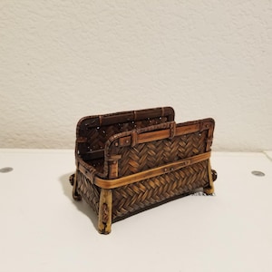 Mid Century Woven Rattan Card Holder, Vintage Bamboo Letter or Mail Holder, Boho Burnt Bamboo Desk Organizer, Wicker Rattan Desk Display