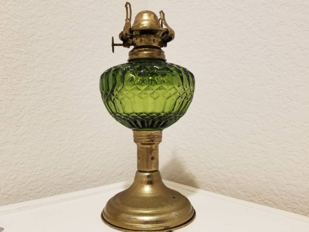 Vintage Burner, Rare Find Green Glass Oil Lamp, 8 Tall Oil Lamp