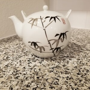 VintagePorcelain Hand painted bamboo leaves teapot, Black white teapot, Oriental ceramic teapot, Asian teapot, Chinese teapot Christmas gift