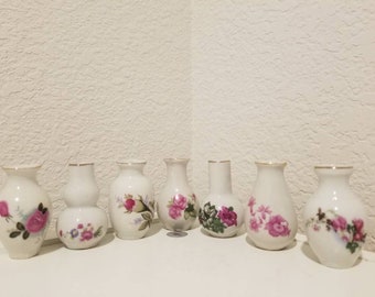 Set of 7 Porcelain Pink and White Miniature Vases, 2" tall Minivase